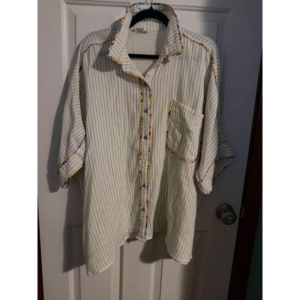 Easel Oversized Cotton Gauze Pinstripe Floral Trim Button Down Shirt Small